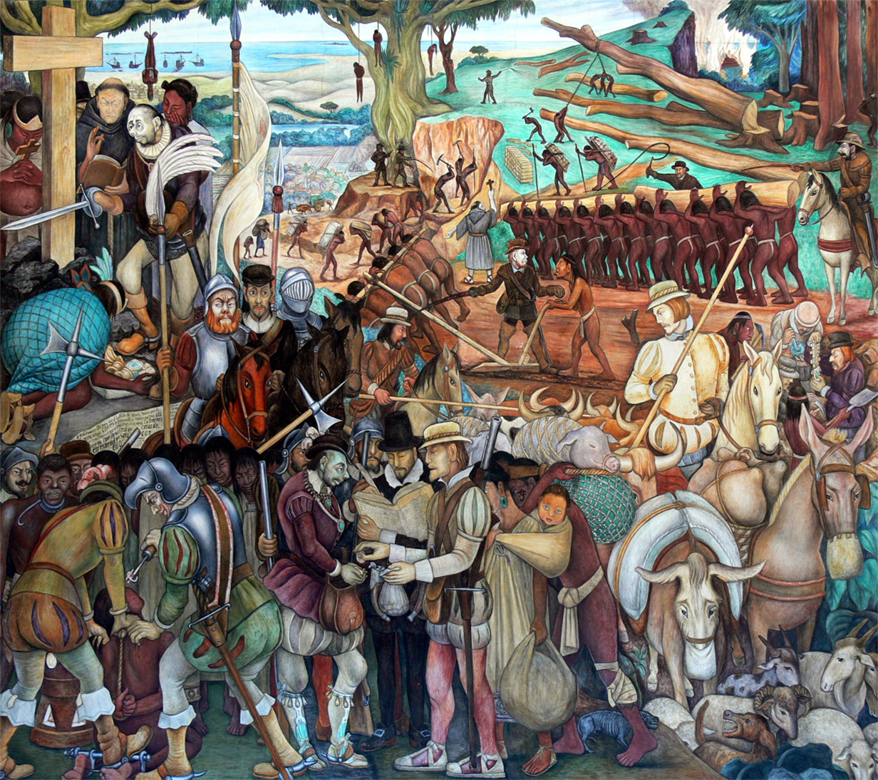 Exploitation of Mexico by Spanish Conquistadors mural by Diego Rivera